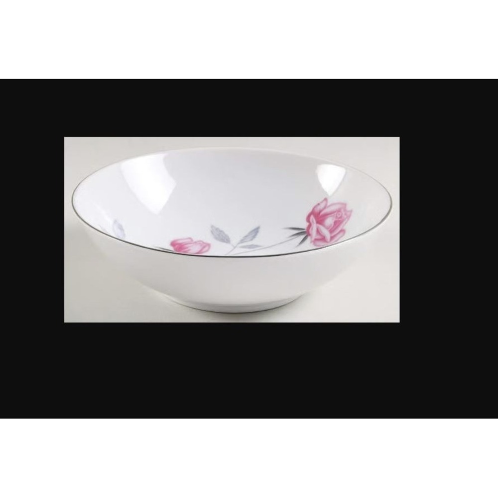 Belair by Nasco Japan 6.3/8" Coupe Cereal Bowl Pink Rose Gray Leaves Silver Trim